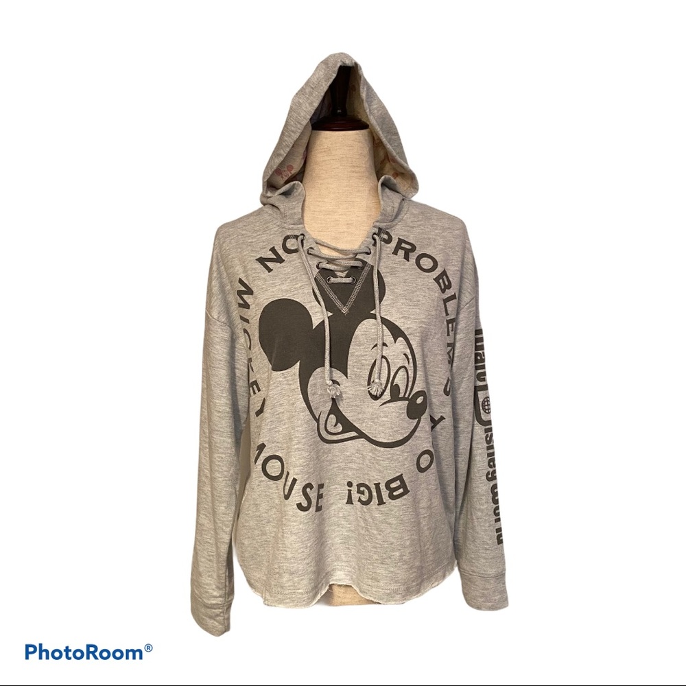 DISNEY MICKEY MOUSE TOP SWEATSHIRT HOODIE GRAY Size M BLACK WALT DISNEY WORLD